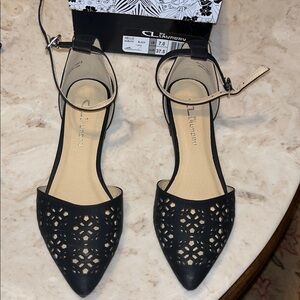 Chinese Laundry “Hello” Black Laser-Cut Pointed-Toe Ankle-Strap Flats